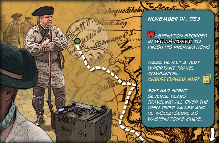 Guide Christopher Gist shown over a map of Washington’s route from Virginia to Will’s Creek Maryland.