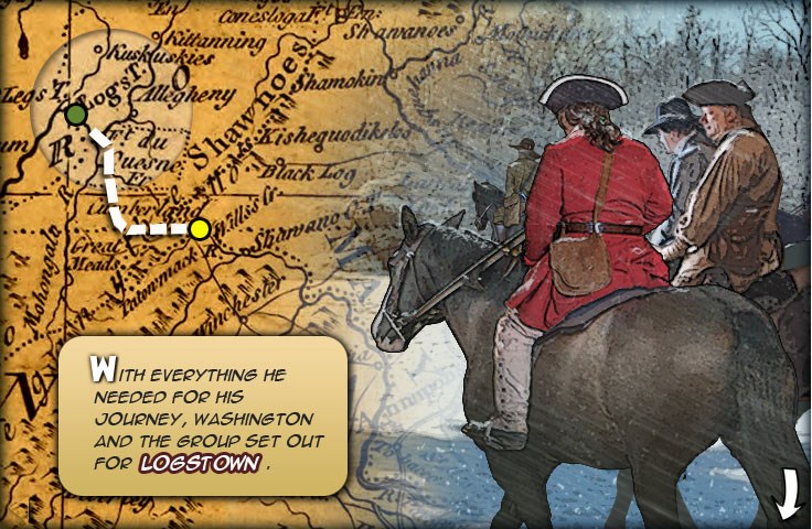 Washington’s group on horseback riding through the snow and a map of their route from Wills Creek to Logstown.