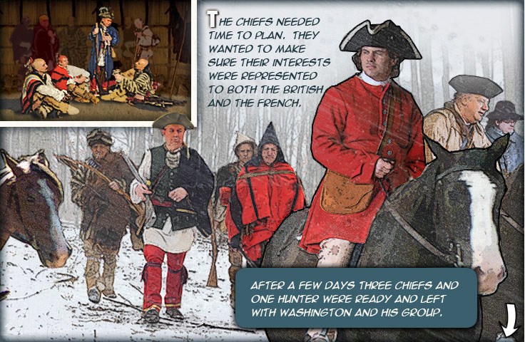 A council of American Indians.  Washington and his group riding horses with four American Indian walk behind on a snowy day.