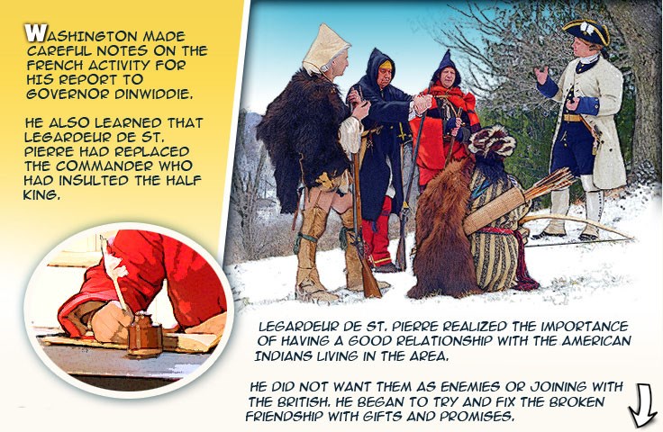 Washington writing with a quill pen.  Legardeur De St. Pierre talking with the four American Indians in Washington’s party.