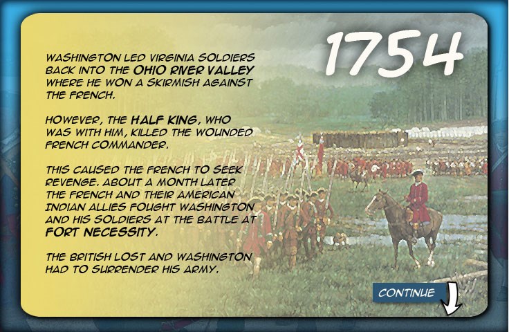 Washington on a horse in front of Fort Necessity with soldier forming into a military line.