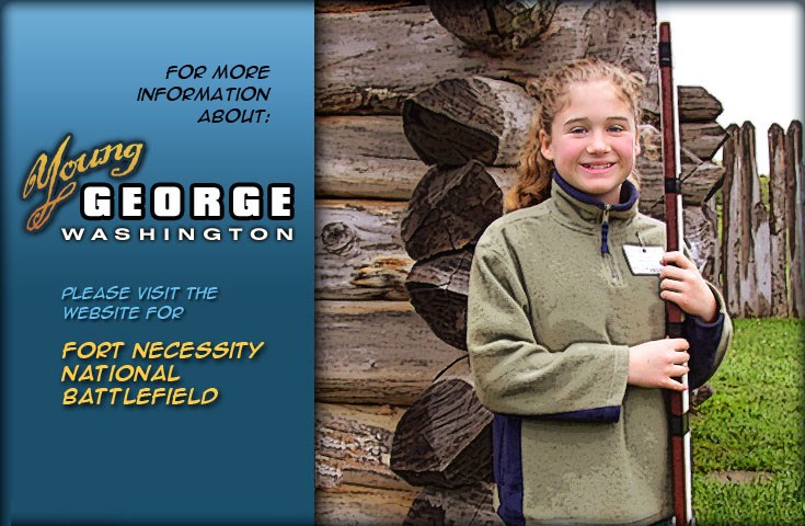 A girl holding a reproduction musket standing in front of the cabin at Fort Necessity.