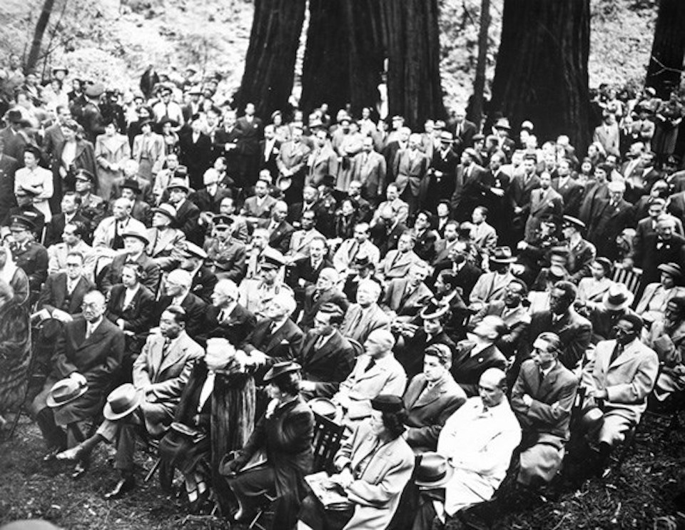 United Nation delegates, representing 46 different nations, attending a memorial service for President Franklin D. Roosevelt in Muir Woods National Monument. (photo circa 1945.) Save The Redwoods League