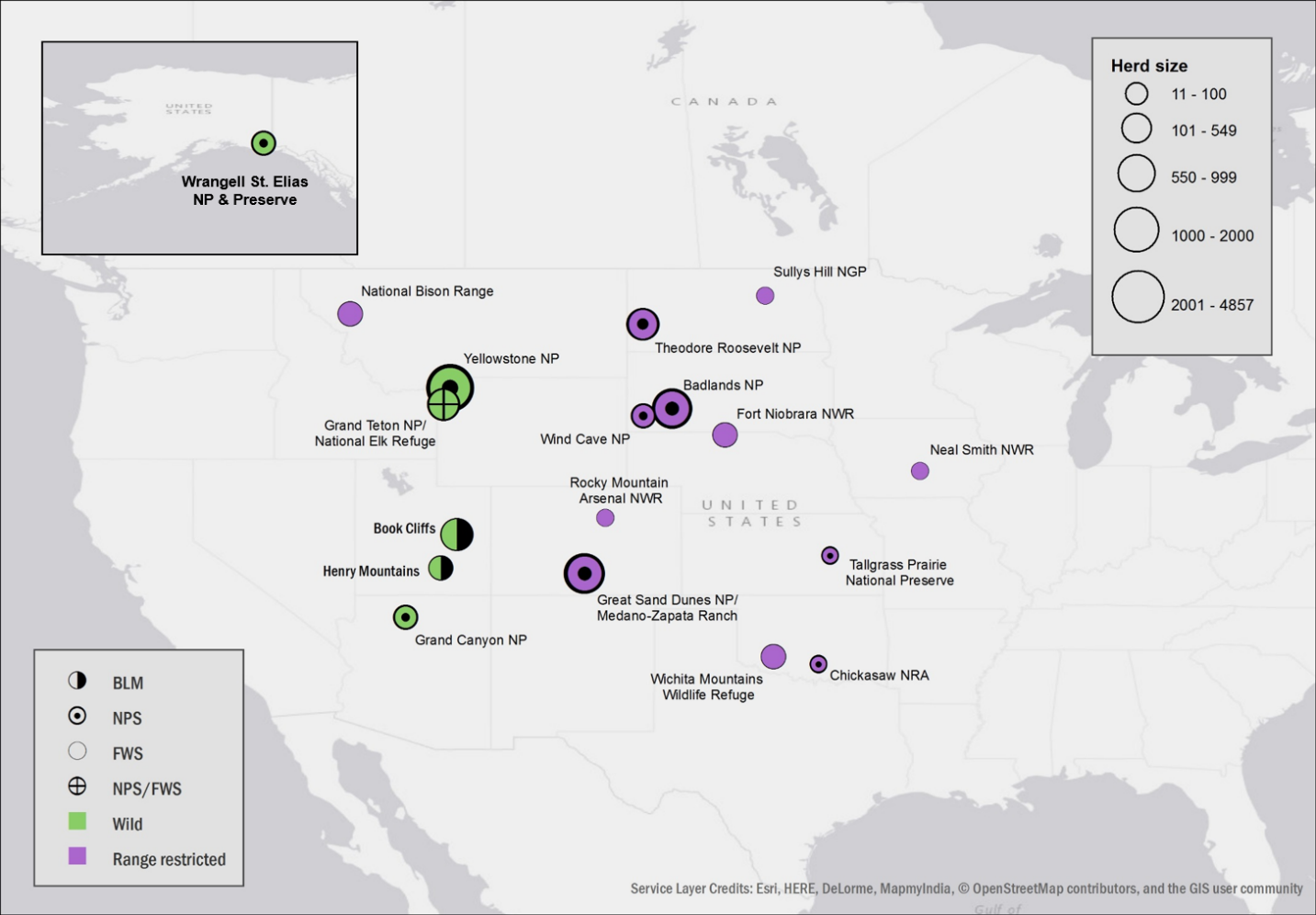 Map showing herd sizes of bison across NPS and other federal agencies land