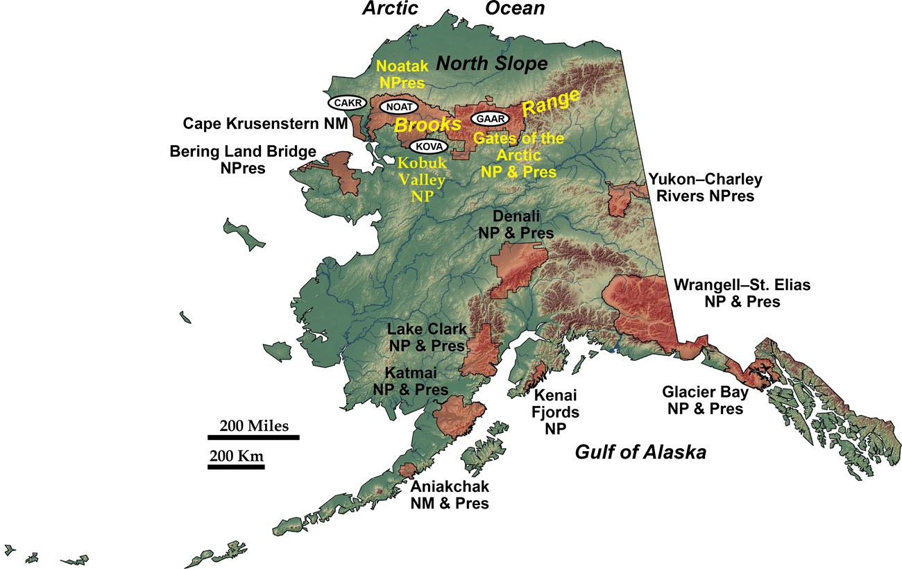 shaded relief map of alaska showing nps units