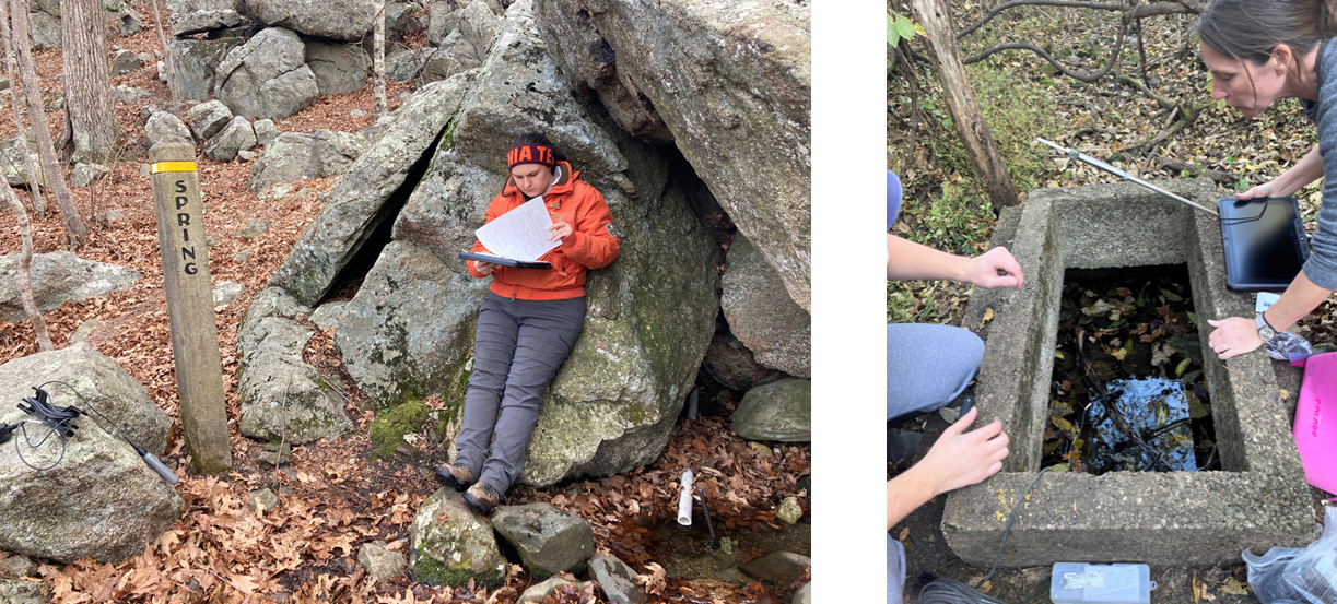 Studying springs A researcher holding datasheets, standing in between a wooden post that says “Spring” and a small spring with a white pipe running to it (left). Two researchers next to a gray box filled with water (right). One of the researchers is looking into the box.