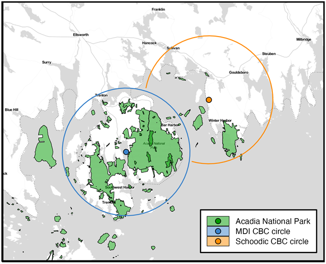 Acadia Christmas Bird Count study areas image showing two circles on a map, one circling Mount Desert Island and the other surrounding Schoodic Peninsula