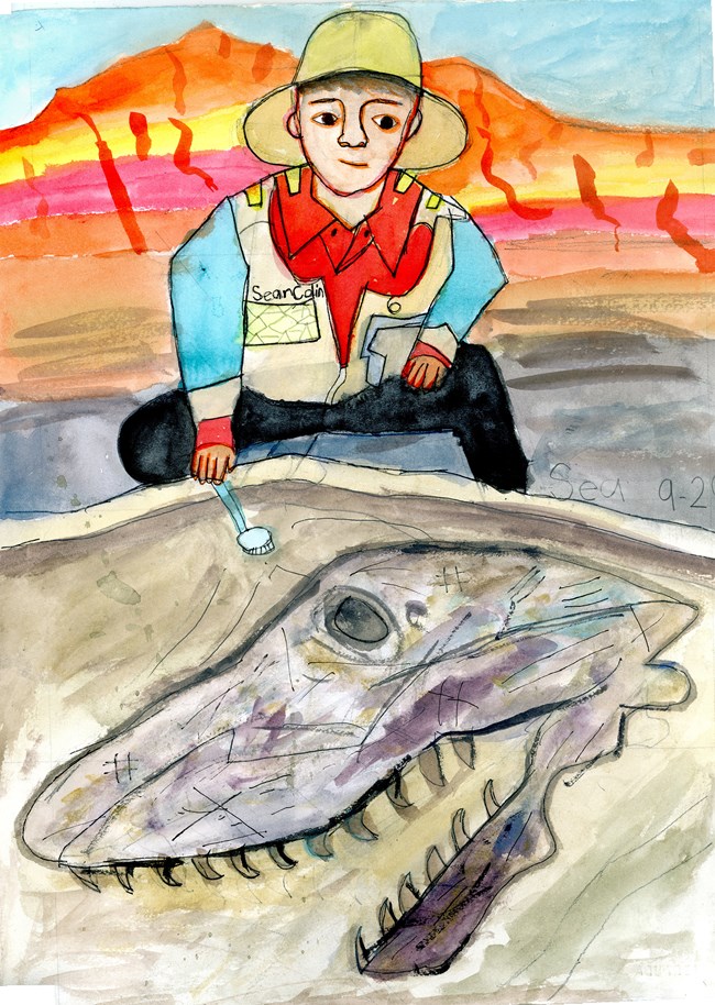 child's painting of paleontologist and skull child's painting of paleontologist and skull