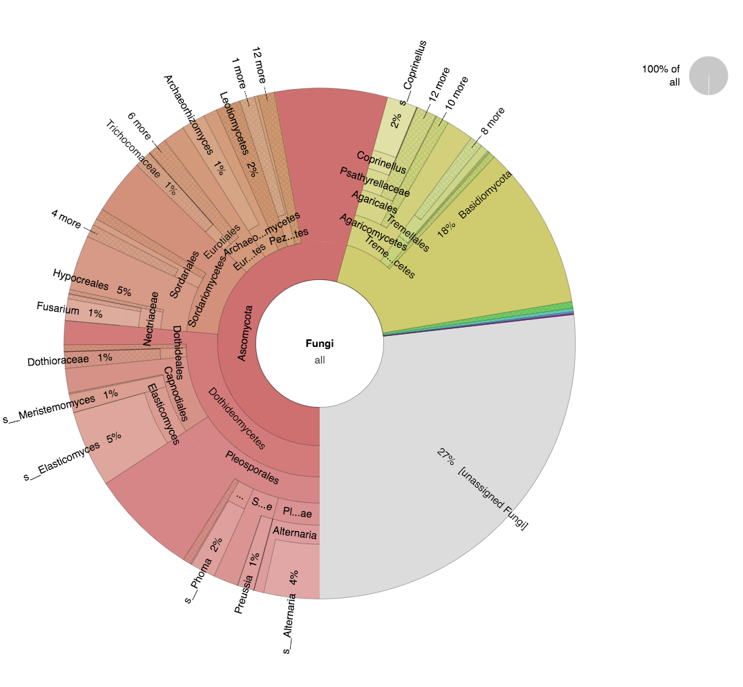 A graphic showing the percentage of various taxa from the major fungal groups found in algal crust samples collected at JTNP.