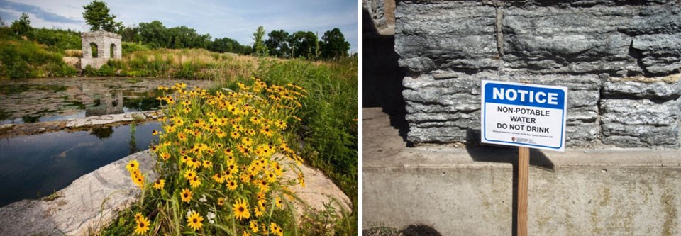 The springhouse and pond at Coldwater Spring Left: A stone structure beside a pond surrounded by wildflowers; Right: A sign reading "NOTICE: Non-potable water. Do Not Drink." beside a stone structure.