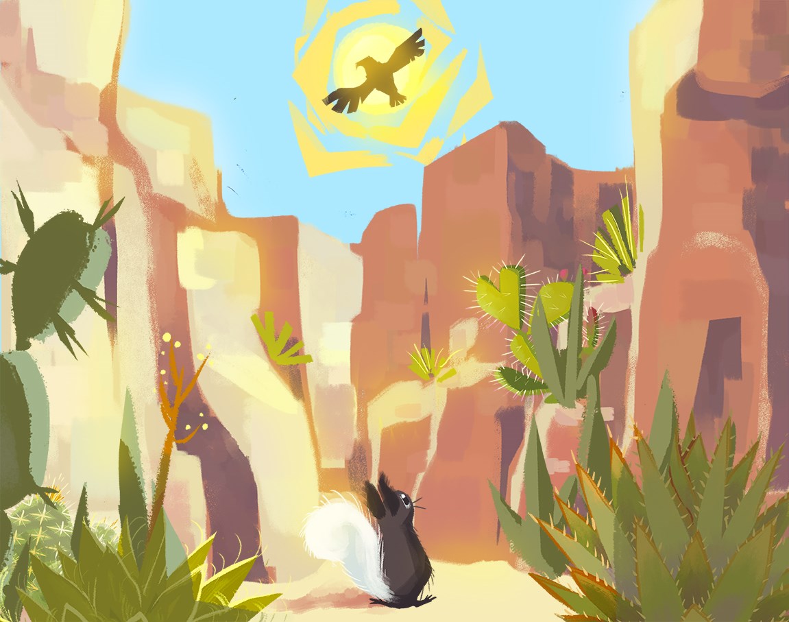 squirrellast3214342342 Squirrel looks up at cliff: above, a hawk flies in front of the sun.