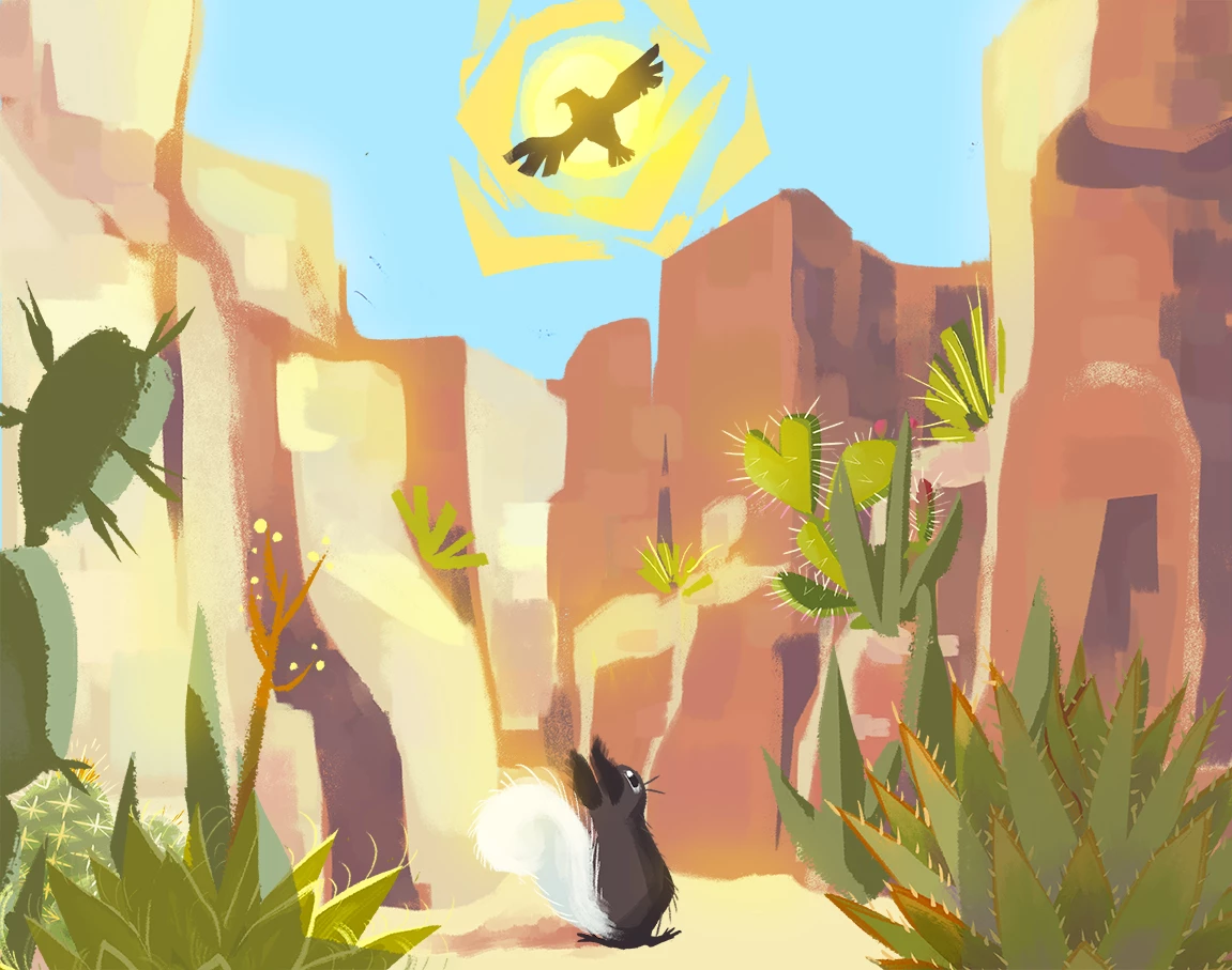 squirrellast3214342342 Squirrel looks up at cliff: above, a hawk flies in front of the sun.