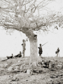 Photo of 5 soldiers at John Marshall’s grave site. The headstone at the base of the tree displays his name. Soldier at far right leans on his musket. Two armed soldiers in the middle stare off in the distance. Two left soldiers are lying on the ground.