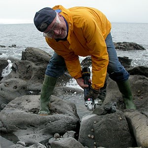 scientist cutting rock at seashore
