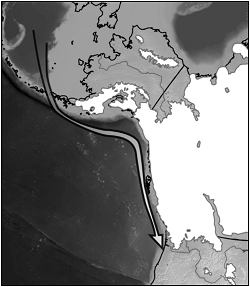 a map of alaska and the bering land bridge, with an arrow showing how people may have moved along the coast