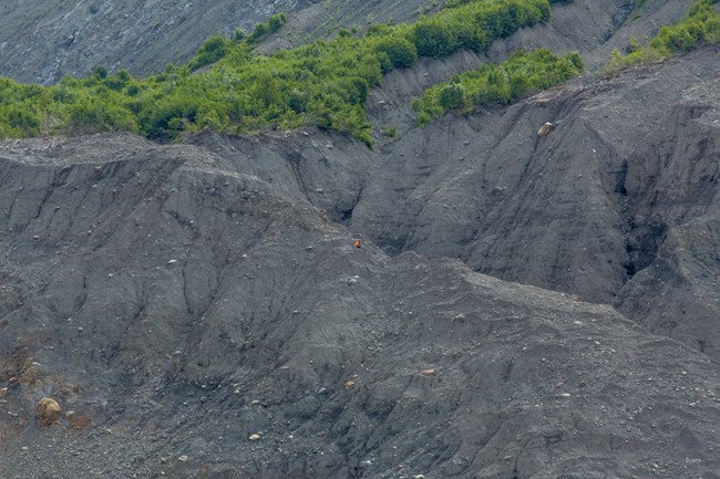 A geologist is barely visible among the rubble of the landslide