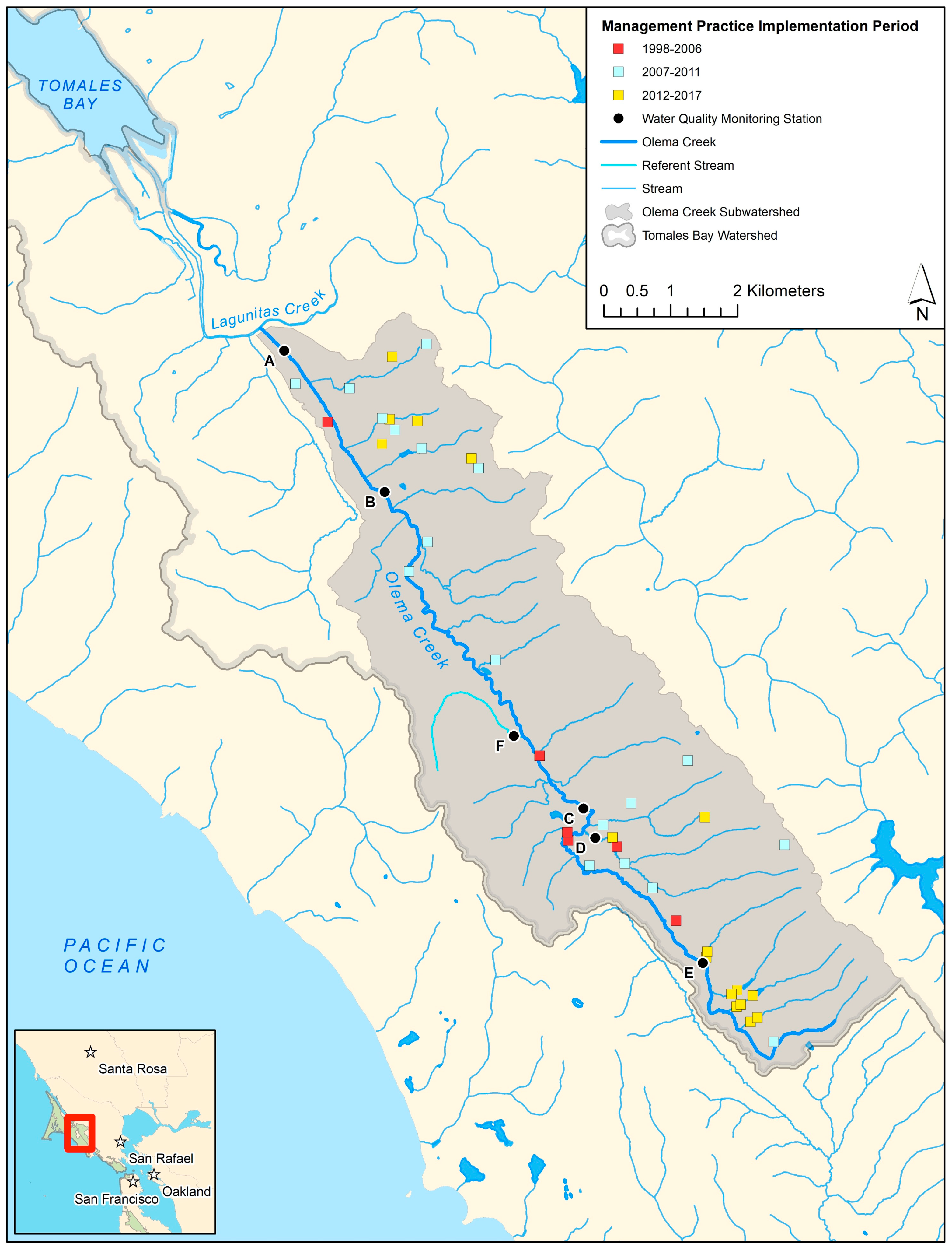 lt= Map of Olema Creek watershed showing the distribution of water sampling stations and grazing management practice implementation sites throughout the watershed.