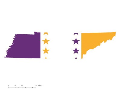 State of Tennessee depicted in purple, white, and gold (colors of the National Woman’s Party suffrage flag) – indicating Tennessee was one of the original 36 states to ratify the 19th Amendment. Courtesy Megan Springate.