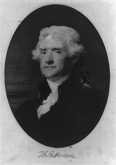 Portrait of Thomas Jefferson in at dark coat wearing a cravat.