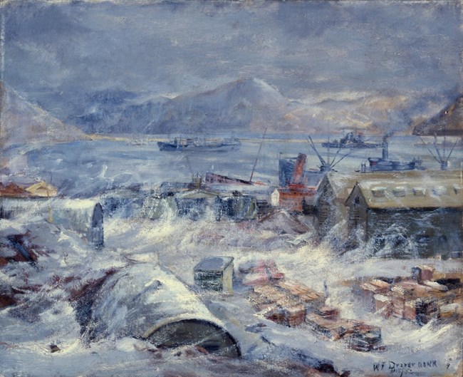 Blizzard, 1942 Oil painting of blizzard conditions, with buildings obscured by blowing snow.