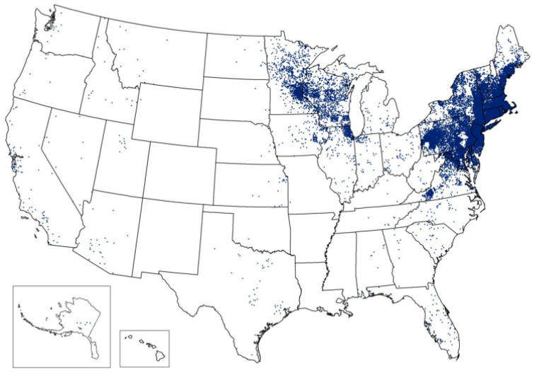 Map of human Lyme disease cases in the United States, 2013