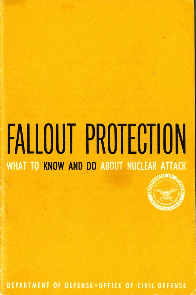 Title page of Fallout Protection 1962 booklet Yellow booklet cover with title "Fallout Protection"
