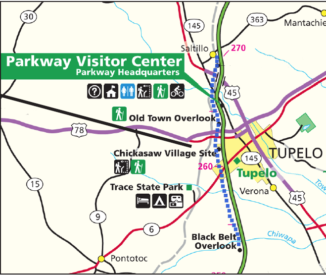 a map showing the Tupelo, MS section of the Natchez Trace Parkway