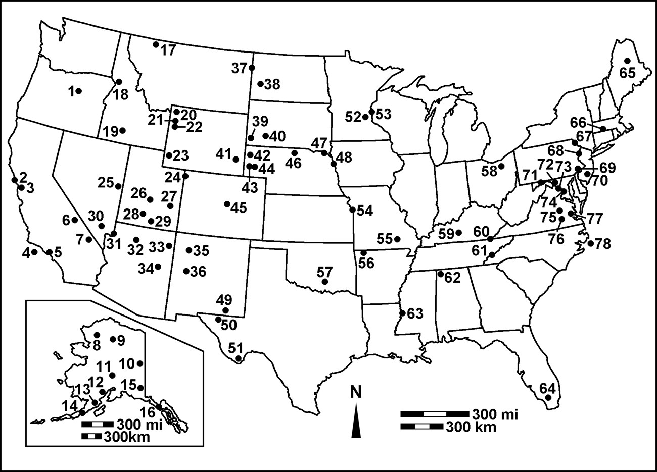 type map map of United States with park sites numbered