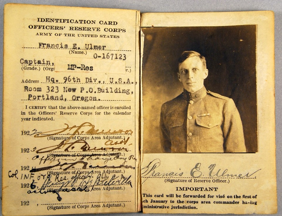 Document titled "Identification Card Officers' Reserve Corps" for Francis E. Ulmer with attached photo of Ulmer in uniform.