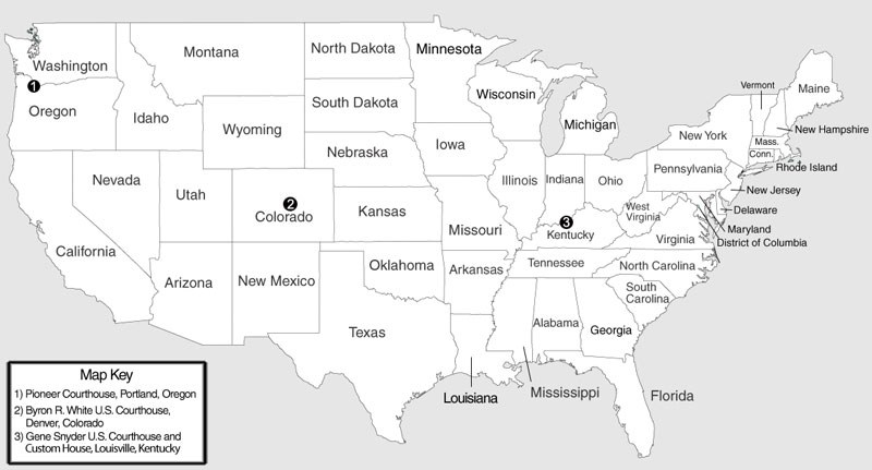 Map of US showing the location of three federal courthouses in Kentucky, Colorado, and Oregon. (General Services Administration)