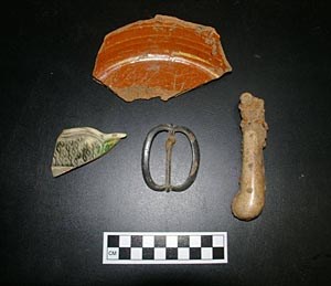 Ceramic, metal, and bone artifacts.