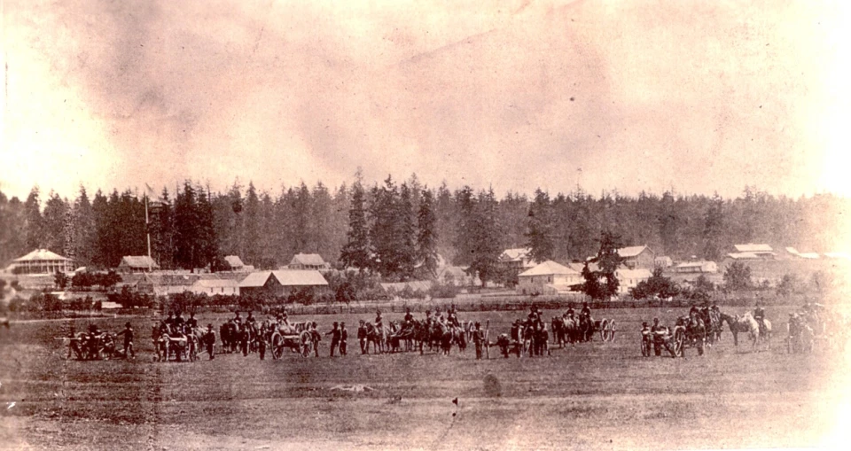 Vancouver Barracks in 1860 Photo of troops and horses at Vancouver Barracks