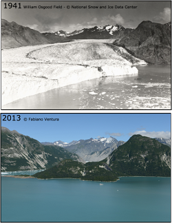 two images from the same location, one with a tidewater glacier and the other with no glacier in sight