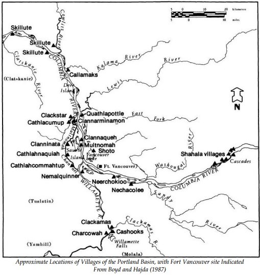 Map showing the lower Columbia River area with numerous villages located along the river.