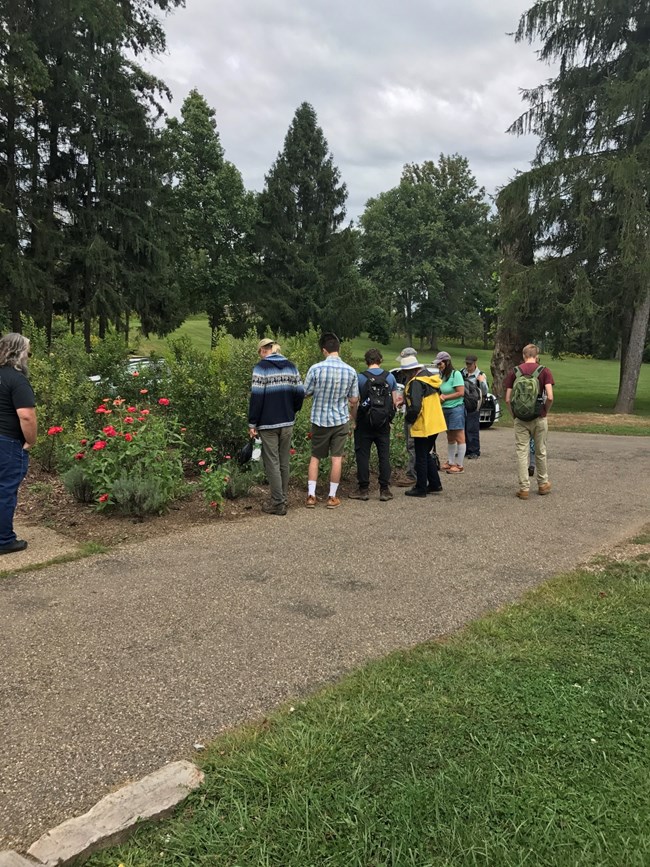A group of people standing on a dirt path, admiring the gardens A group of people standing on a dirt path, admiring the gardens