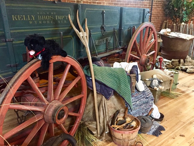 wagon toy dog near wagon