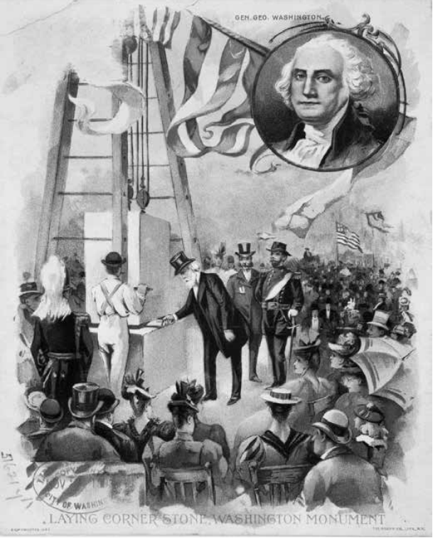 Laying of cornerstone of the Washington Monument Painting of a crowd observing a pulley lowering a stone as a man guides it into place.