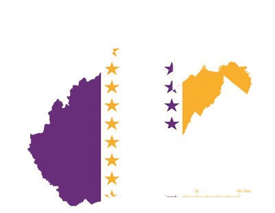 State of West Virginia depicted in purple, white, and gold (colors of the National Woman’s Party suffrage flag) – indicating West Virginia was one of the original 36 states to ratify the 19th Amendment. Courtesy Megan Springate. State of West Virginia depicted in purple, white, and gold (colors of the National Woman’s Party suffrage flag) – indicating West Virginia was one of the original 36 states to ratify the 19th Amendment. Courtesy Megan Springate.