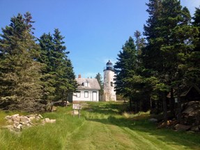 Front view of lighthouse surrounded by coniferous trees.
