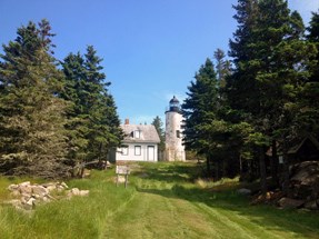 lt= Front view of lighthouse surrounded by coniferous trees.
