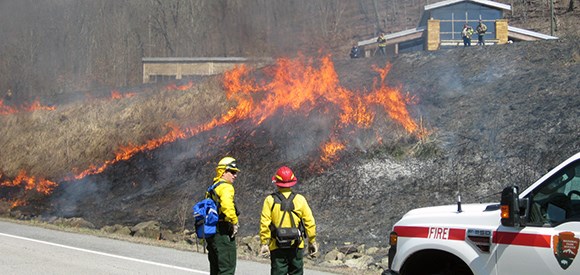 Two firefighters stand on a road as fire moves up a grassy slope toward the visitor center.