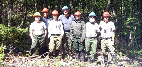 A group of happy fire effects crew members in hardhats stands in front of a forest.