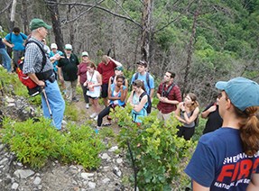 Students stand on a hillside listening to a speaker.