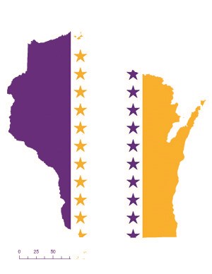 State of Wisconsin depicted in purple, white, and gold (colors of the National Woman’s Party suffrage flag) – indicating Wisconsin was one of the original 36 states to ratify the 19th Amendment. Courtesy Megan Springate. State of Wisconsin depicted in purple, white, and gold (colors of the National Woman’s Party suffrage flag) – indicating Wisconsin was one of the original 36 states to ratify the 19th Amendment. Courtesy Megan Springate.