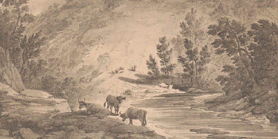 Print showing three cows grazing along the Wissahickon Creek