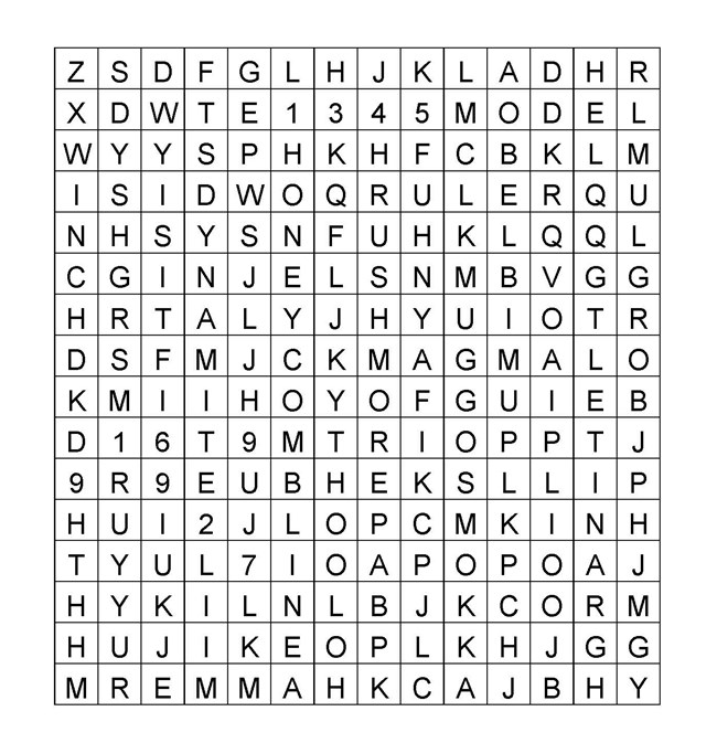 Image of word find activity with 15 words and numbers hidden.