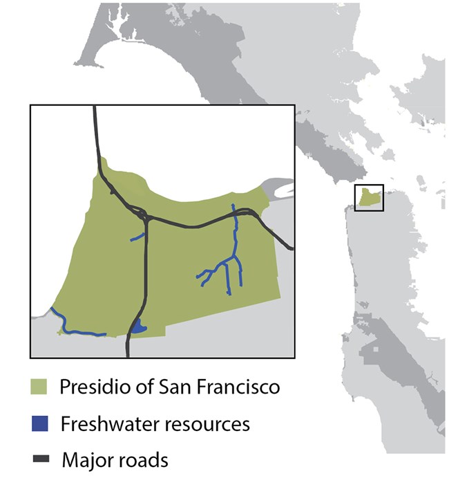 Map showing the location of freshwater resources and major roads within the Presidio