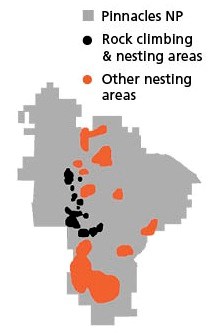 Map showing that falcon nesting areas sometimes coincide with climbing areas