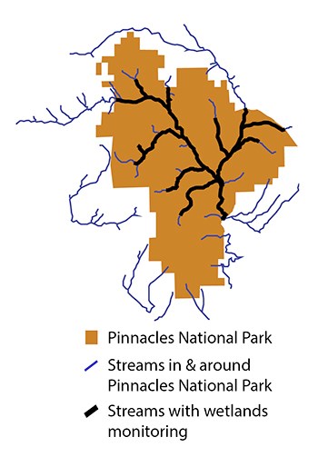 Map showing that Wetlands monitoring occurs in streams at PINN National Park