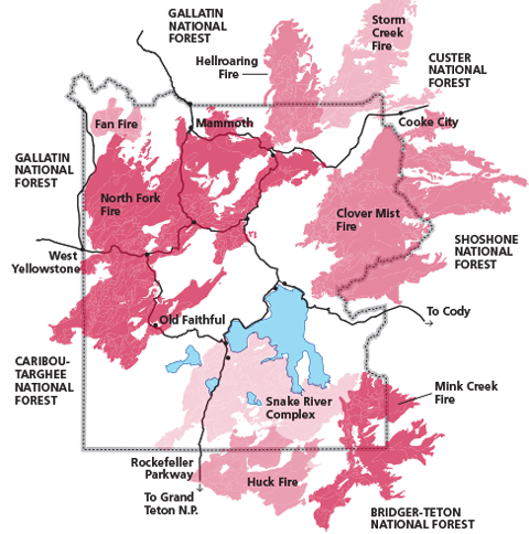 Map of Yellowstone National Park boundary, major roads and lakes, and large areas of named fires